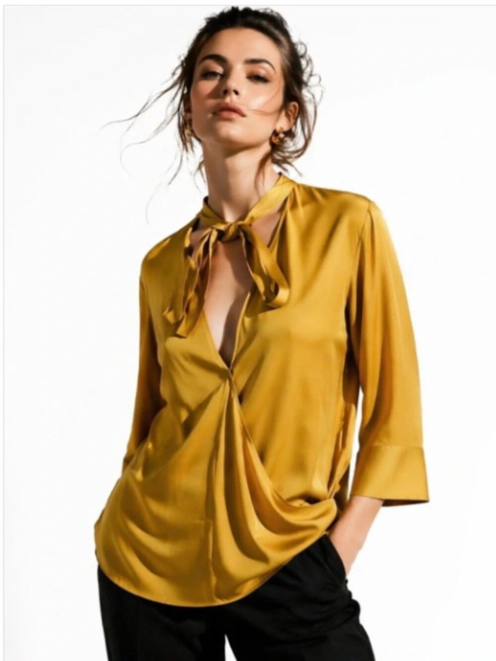 Size S Theory Mustard Yellow Silk V-Neck Blouse with Neck Ties (read details)